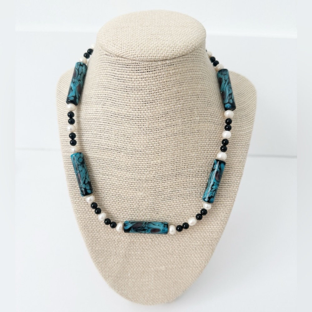 NWT Genuine Murano Glass, Pearls & Black Onyx Beads Necklace Blue Black White